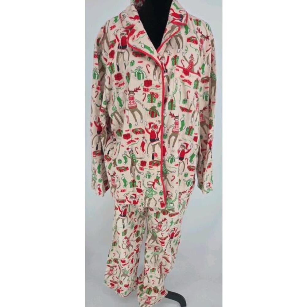 Munki Munki Women's Sock Monkey Flannel Pajama Large Soft Cozy EUC
